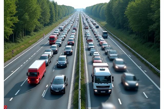 Autobahn mit Rettungsgasse zwischen den Fahrspuren