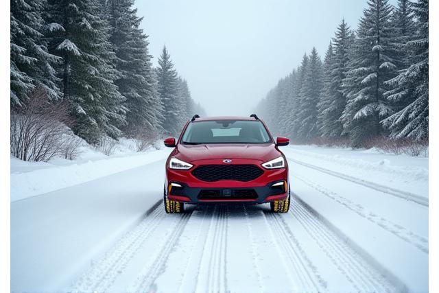 Auto mit Schneeketten im Schnee